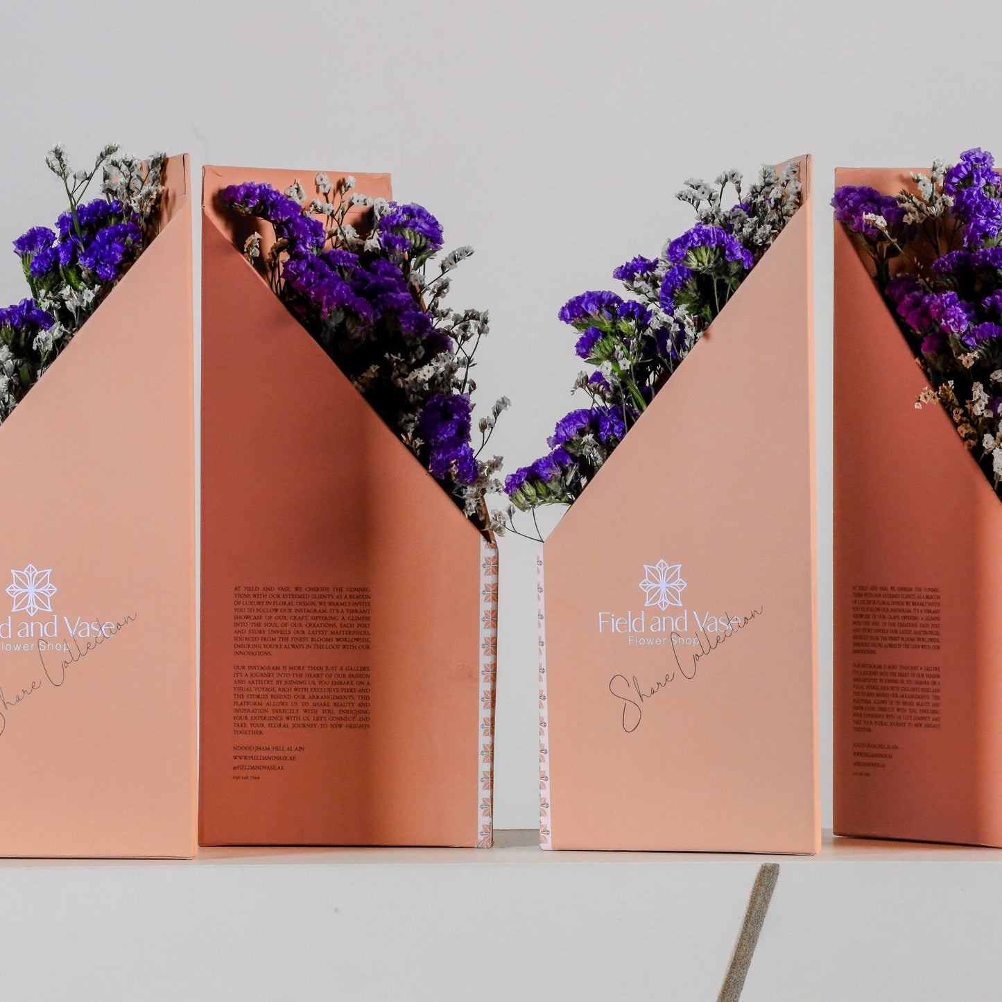 Image: Lineup of Medelya peach carriers filled with assorted blooms, self-standing V-front design ready to share