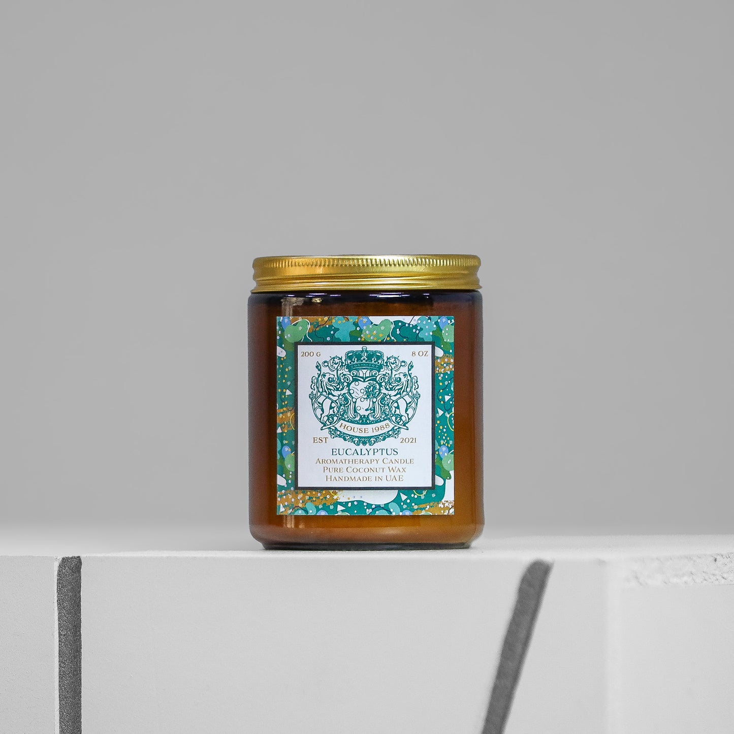 House 1988 Eucalyptus candle, 200g amber jar with gold lid and green label, pure coconut wax