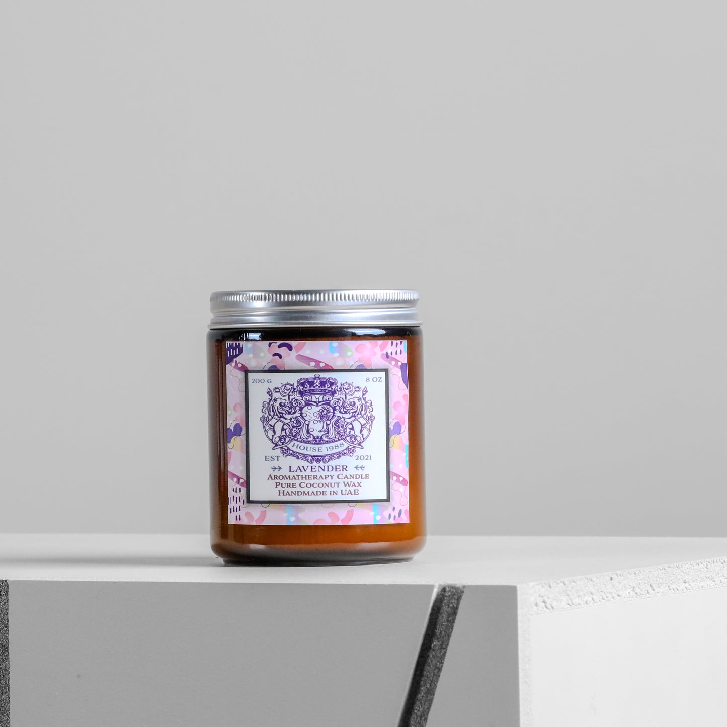 House 1988 Lavender Aromatherapy candle, 200g amber jar with silver lid and purple label, pure coconut wax