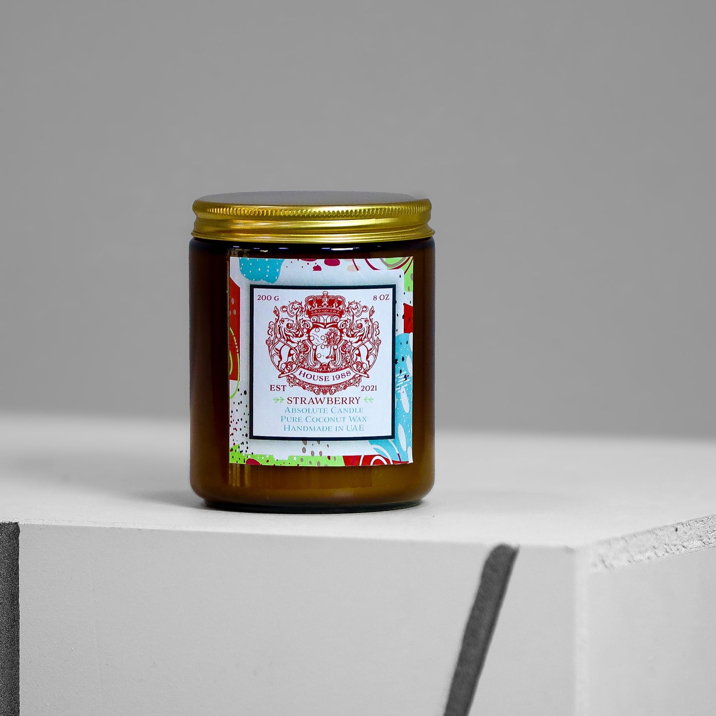 House 1988 Strawberry Absolute candle, 200g amber jar with gold lid, pure coconut wax