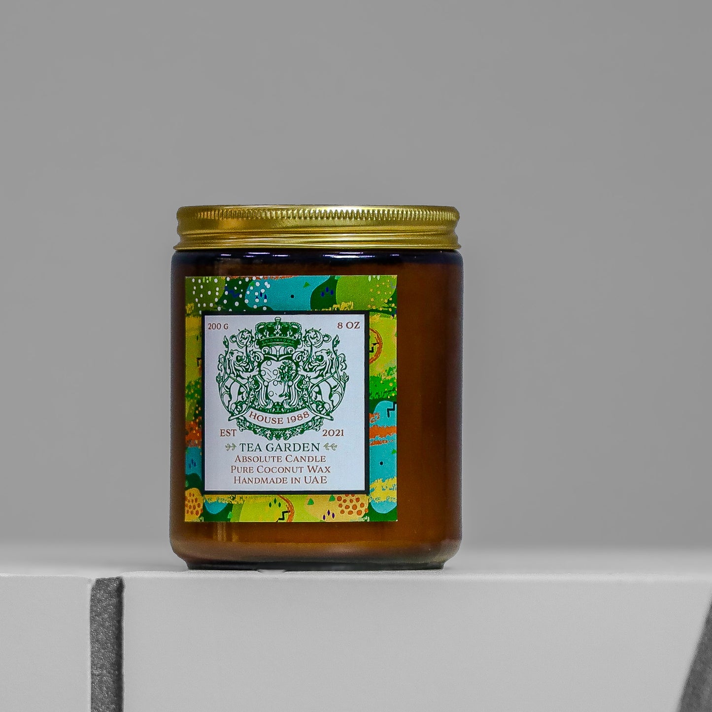 House 1988 Tea Garden Absolute candle, 200g amber jar with gold lid and green label, coconut wax