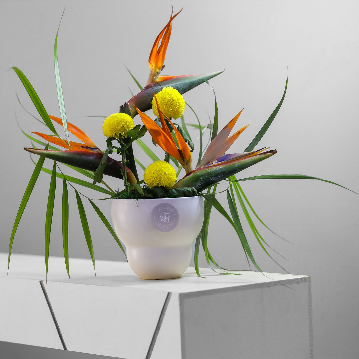 Pearl-white round vase with Bird of Paradise stems, yellow craspedia and palm leaves