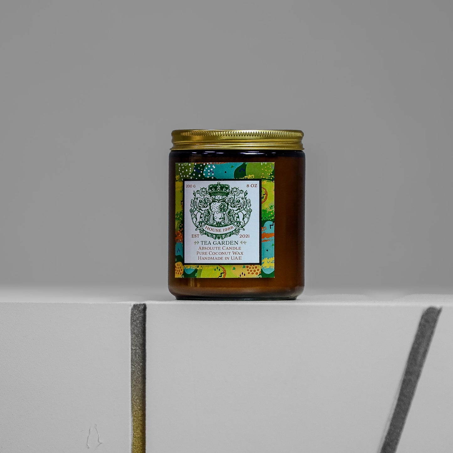 House 1988 Tea Garden Absolute candle, 200g amber jar with gold lid and green label, coconut wax