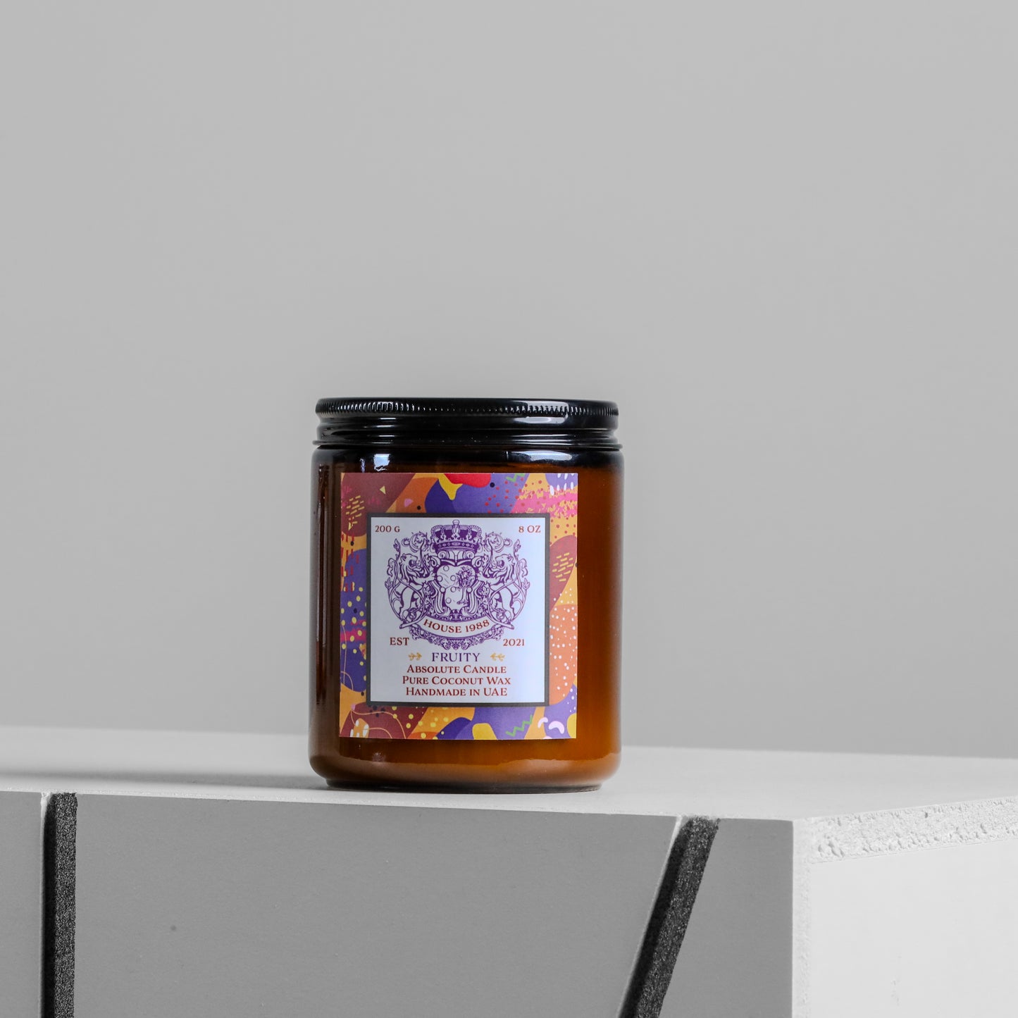 House 1988 Fruity Absolute candle, 200g amber jar with black lid and purple label, coconut wax