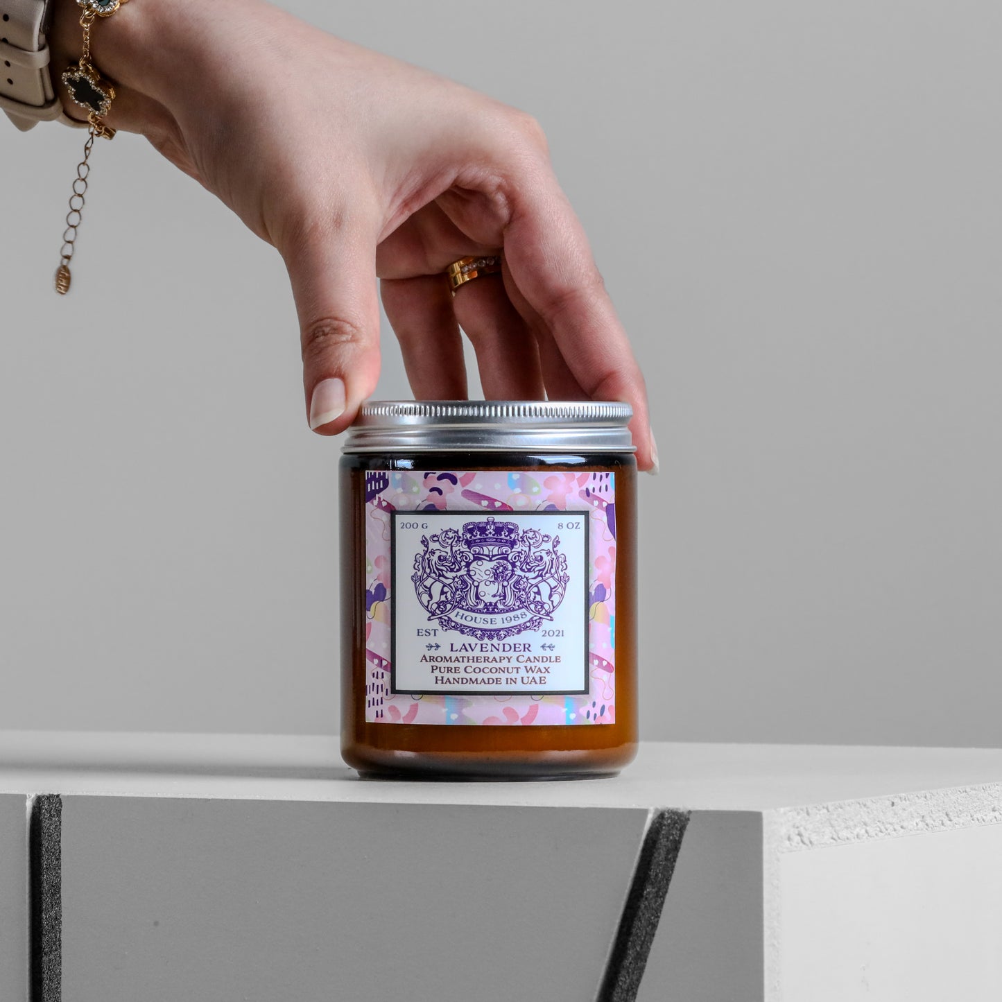 House 1988 Lavender Aromatherapy candle, 200g amber jar with silver lid and purple label, pure coconut wax