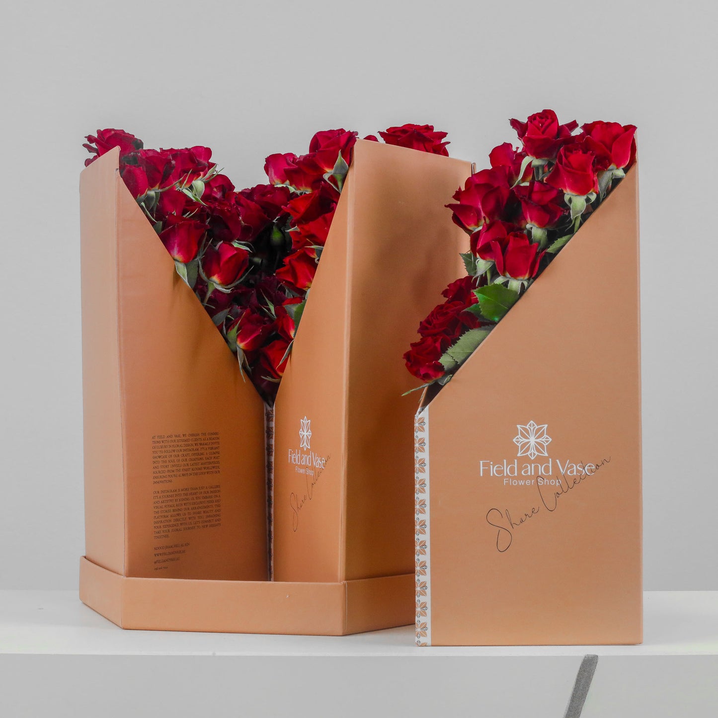 Medelya peach flower bag filled with deep red baby roses, angled V opening with Field & Vase logo