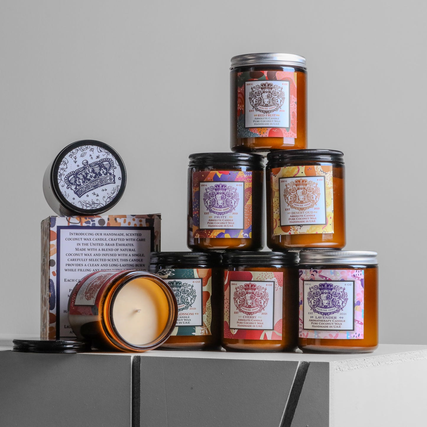 House 1988 Red Fruit Absolute candle, 200g amber glass jar with silver lid, coconut wax