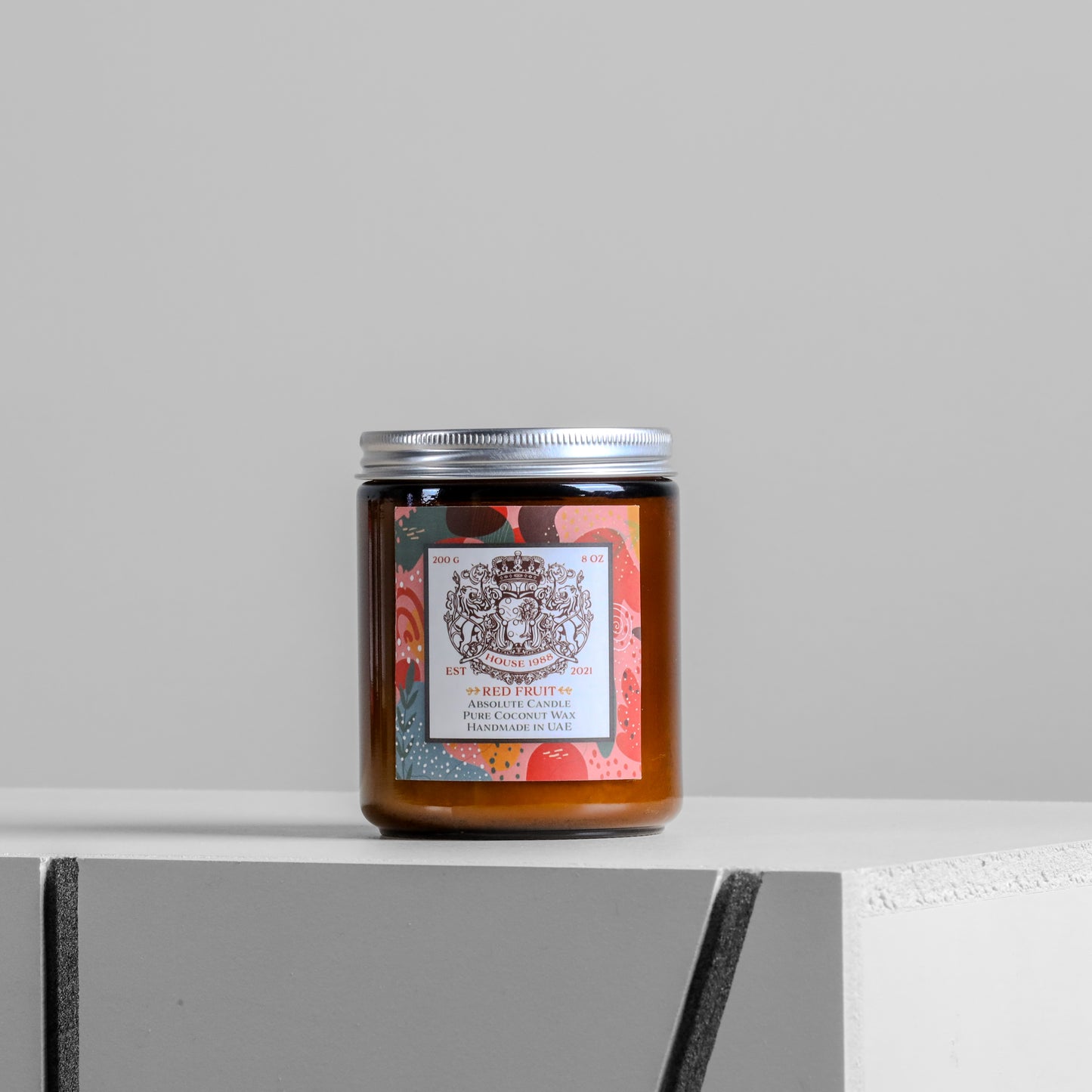 House 1988 Red Fruit Absolute candle, 200g amber glass jar with silver lid, coconut wax